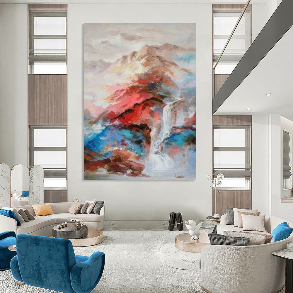 “Colorful Abstract Landscape with Waterfall” - Abstract Painting On Canvas CT2346