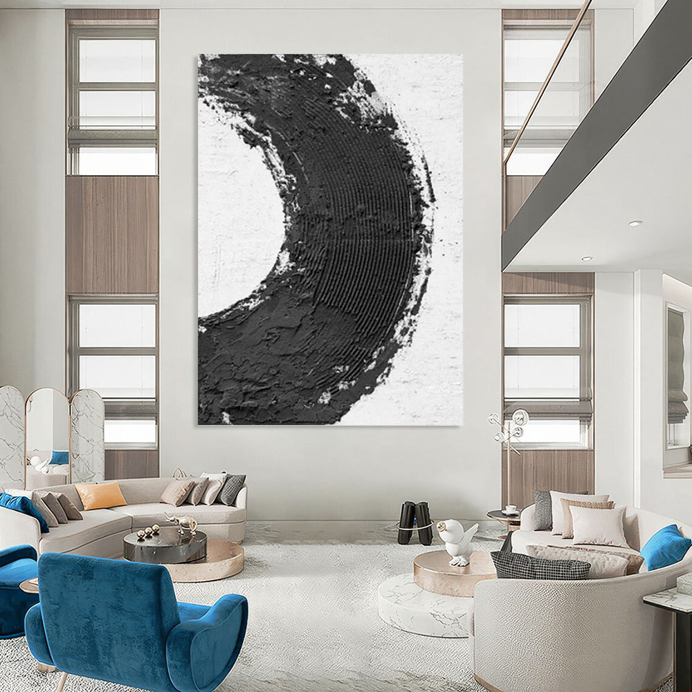 “Bold Black - White Circle” - Minimalist Textured Painting On Canvas DKH1675