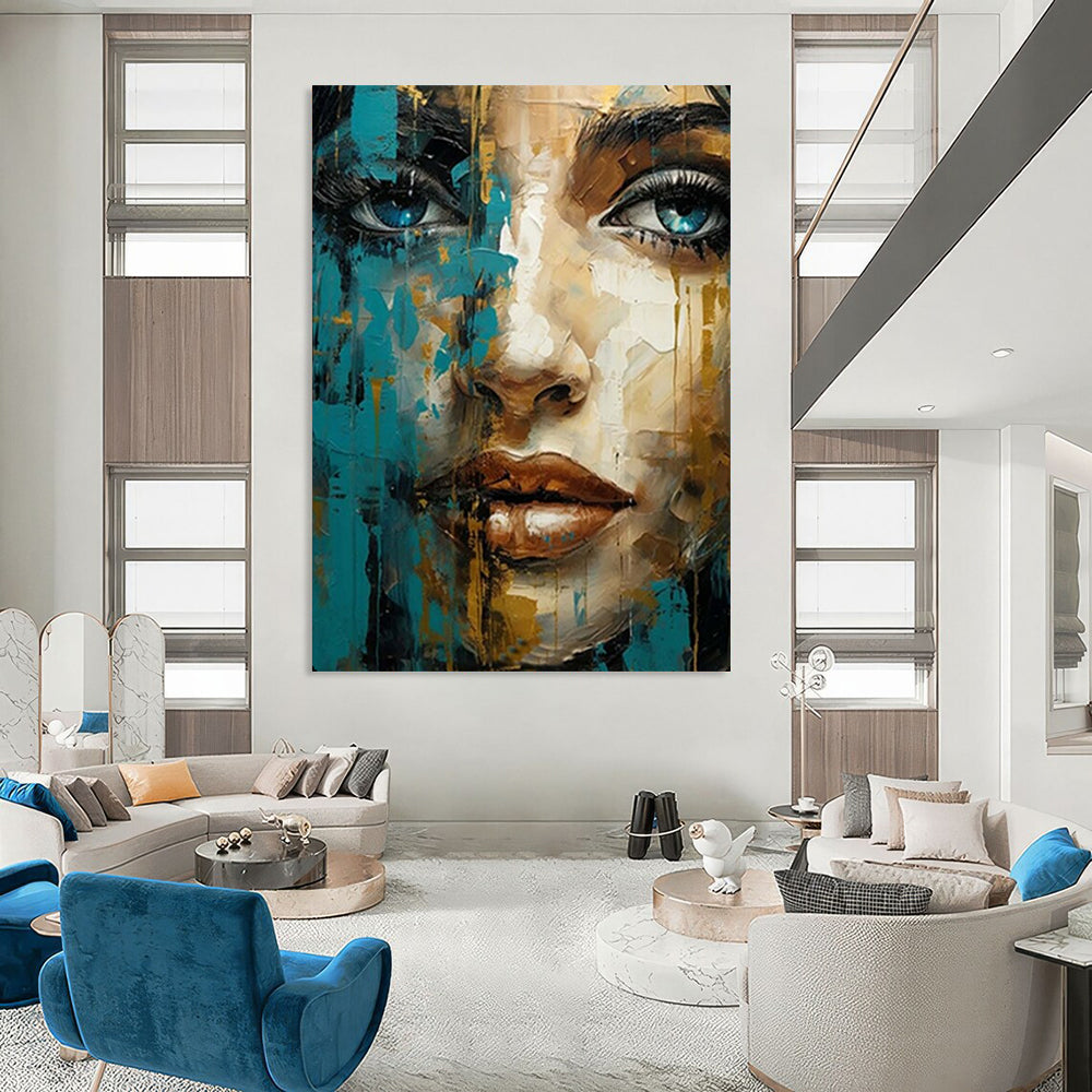 “Blue and Gold Abstract Portrait” – Expressive Oil Painting On Canvas CT2132