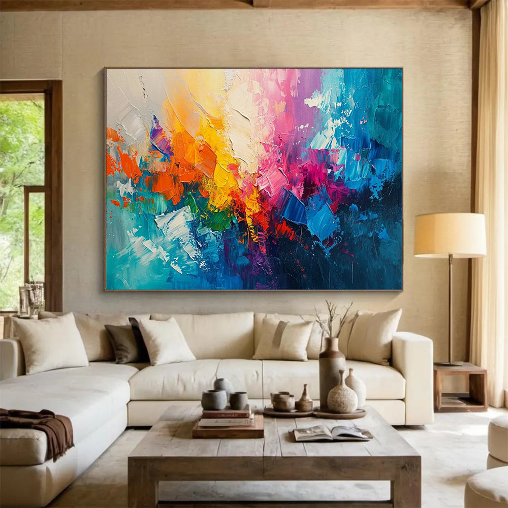 “Vibrant, Textured Abstract ‘Rainbow Energy Burst’” - Impasto Abstract Painting On Canvas DLZ049