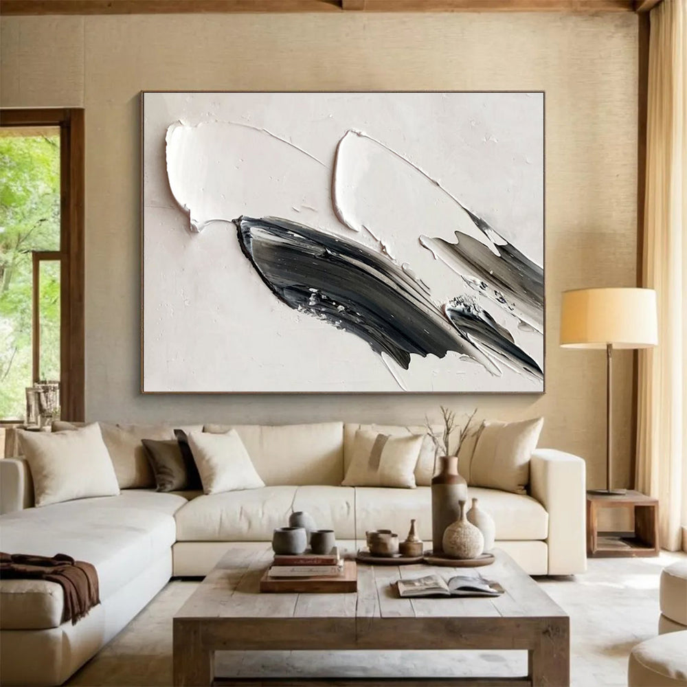 Minimalist Black & White Strokes - Gray, Black & White Abstract Painting On Canvas DKH908