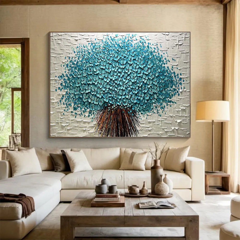 Textured Blue Flower Tree - Impasto Floral Painting On Canvas DLZ213