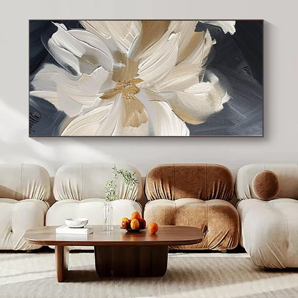 “Textured Beige - White Floral on Black (Close - up)” – Impasto Floral Painting CT1092
