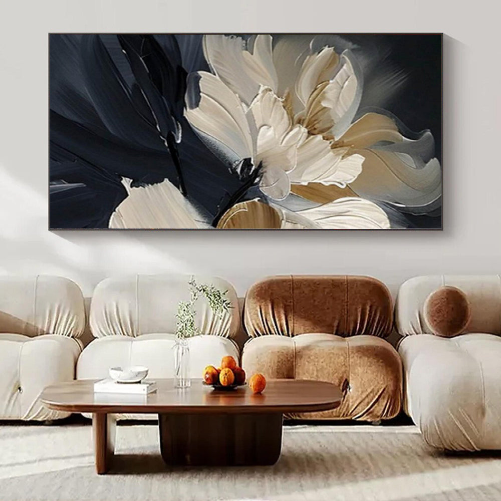 “Textured Beige - White Floral on Black” – Impasto Floral Painting CT1091