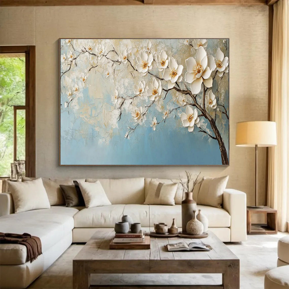 Textured White Blossoms on Blue Painting On Canvas DKH671