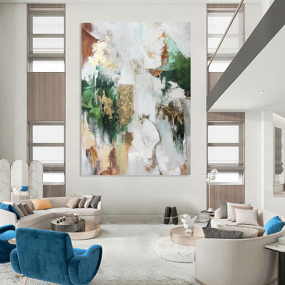 “Multicolor Abstract with Gold” - Green, Gold, Brown & White Eclectic Painting On Canvas DKH1011
