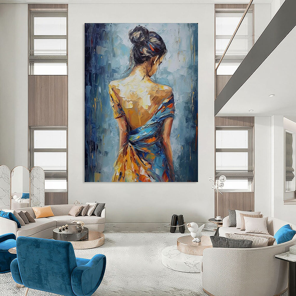 “Back View of Colorful - Dressed Woman” – Impressionistic Figure Oil Painting On Canvas CT2137