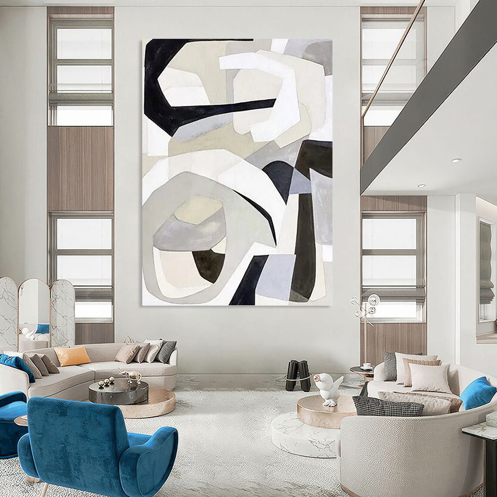 Monochrome Abstract Shapes in Gray Painting On Canvas DKH1141