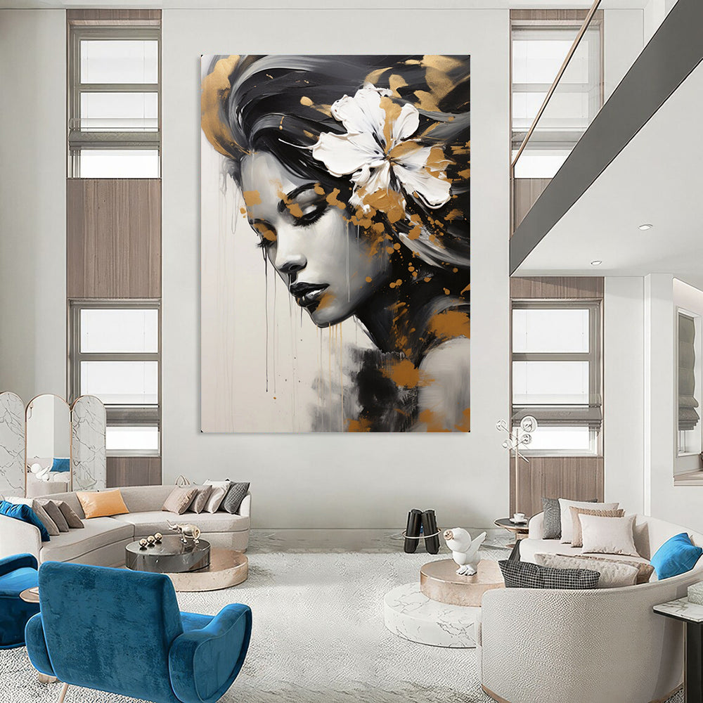 “Black, White, and Gold Portrait” – Impressionistic Oil Painting On Canvas CT2170