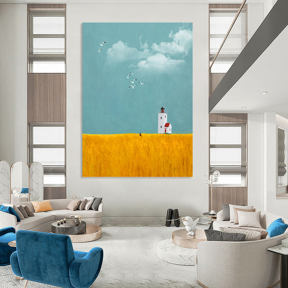 Lighthouse in Golden Field Under Blue Sky - Landscape Painting On Canvas DKH1429