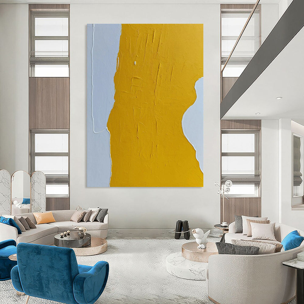 “Yellow, White Minimalist Shape ‘Sunny Simplicity’” - Textured Abstract Painting On Canvas DTP340