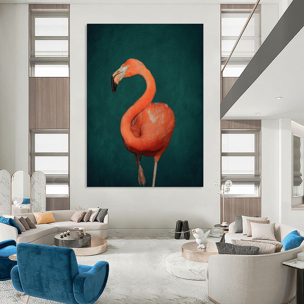 Vibrant Orange Flamingo Dark Green Realist Stylized Wildlife Art CT1920