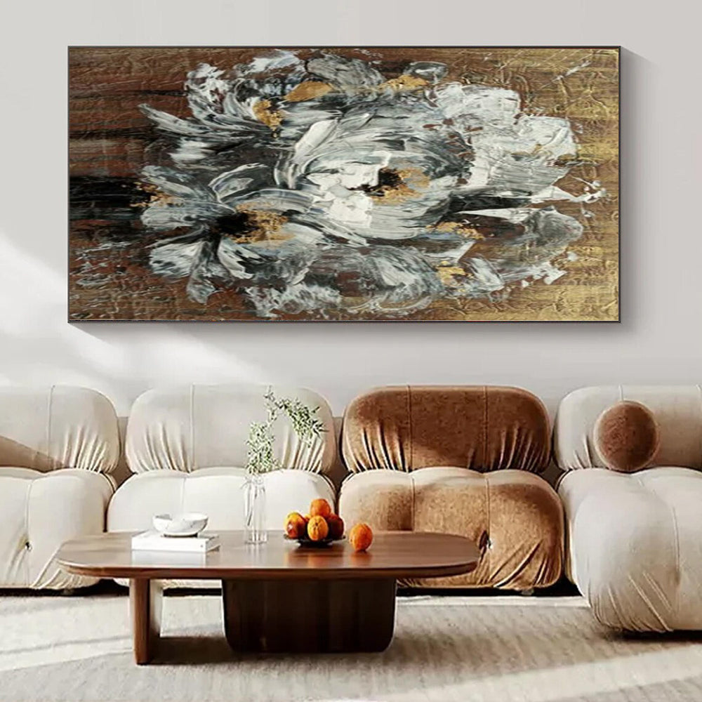 “Textured Floral in Gold - Brown” – Impasto Flower Painting CT1194