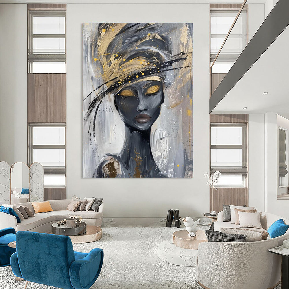 “Elegant Gold - Hatted Lady” - Gray, Black & Gold Abstract Portrait Painting On Canvas CT2197