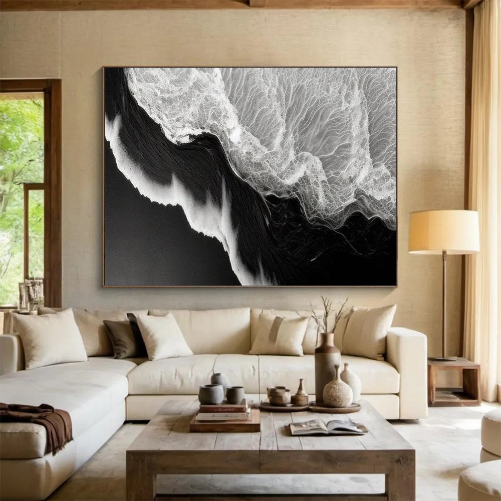 “Black - White Ocean Wave Abstraction” Abstract Seascape Painting On Canvas DLZ075