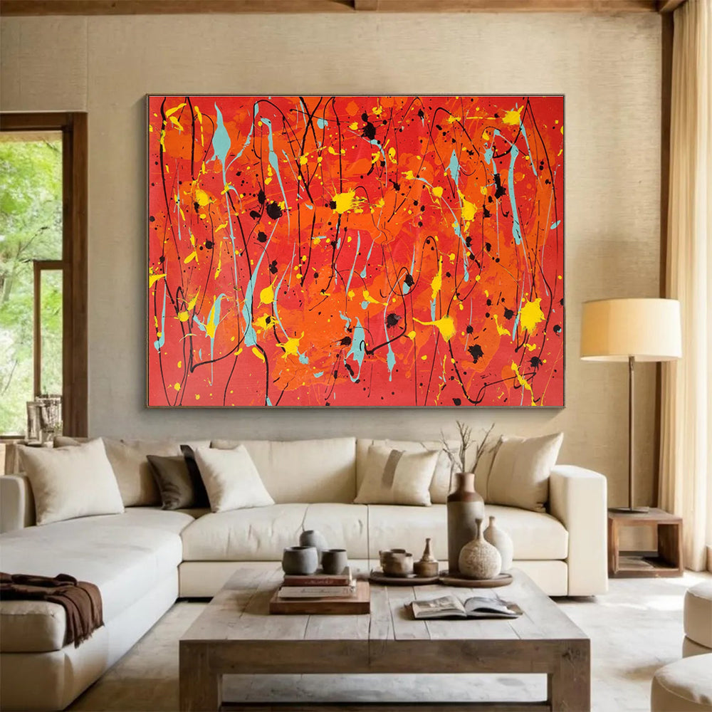 Vibrant Red and Yellow Drip Painting On Canvas DKH286