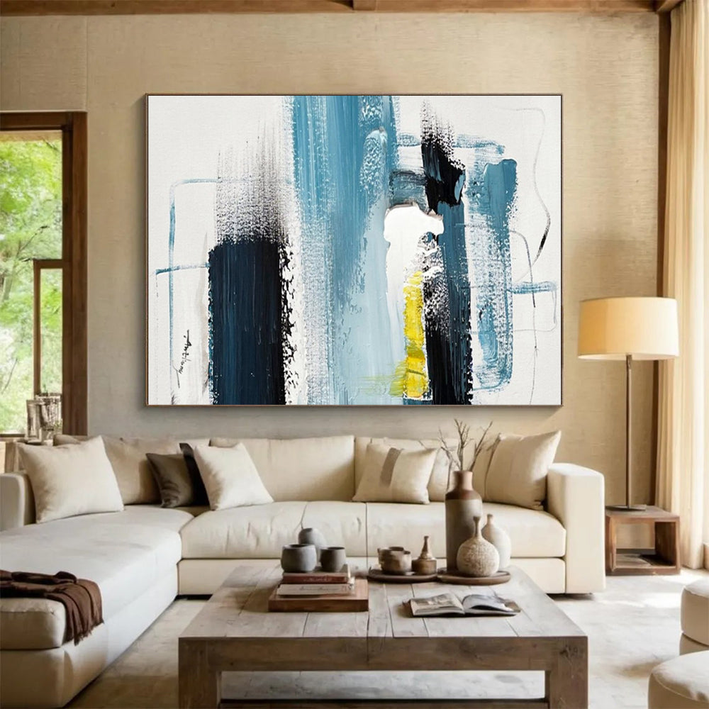 Blue, Black, White & Yellow Abstract Layers, “Coastal Rhythm” - Impasto Abstract Painting CT0778