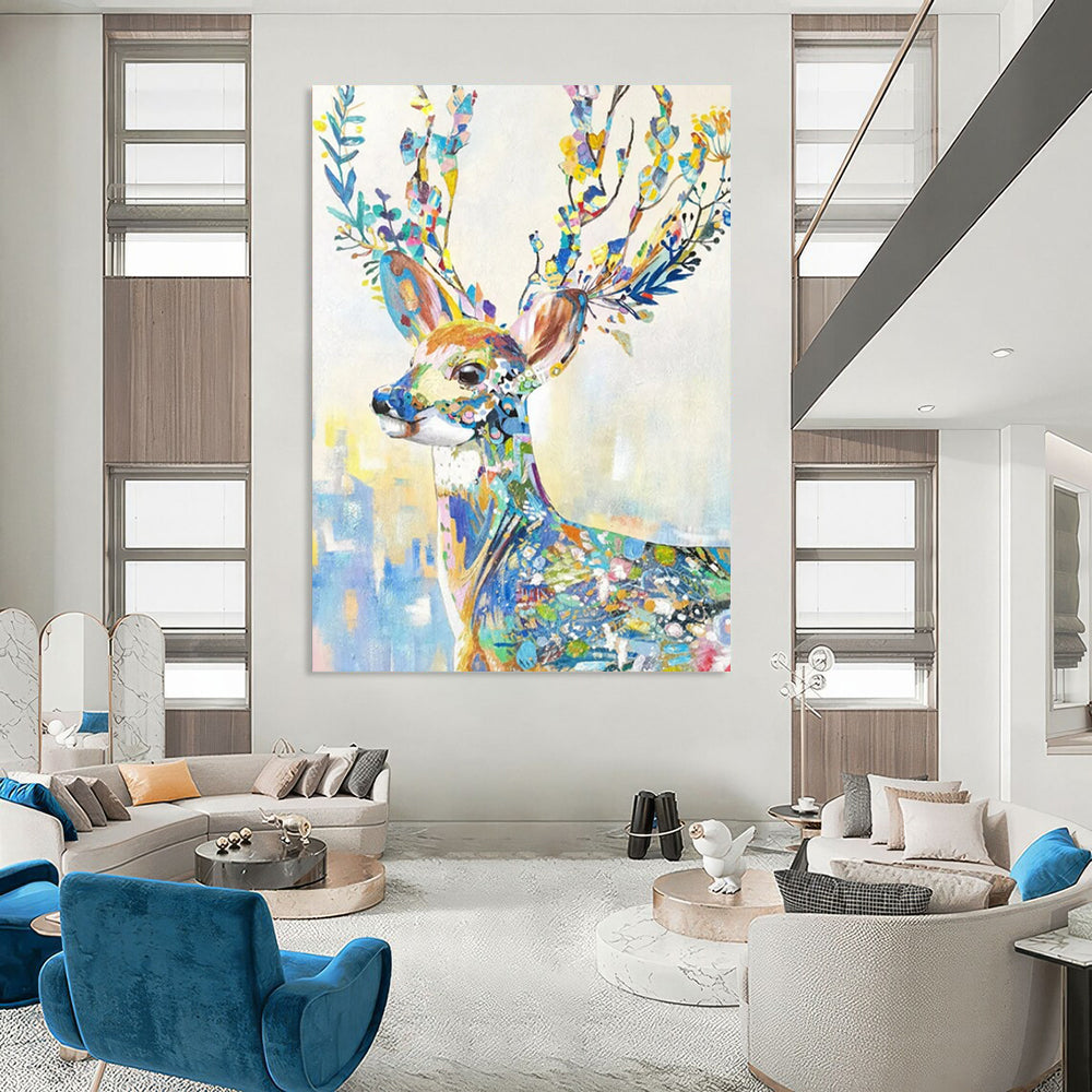 “Colorful Floral Deer” - Colorful Whimsical Animal Painting On Canvas CT2209