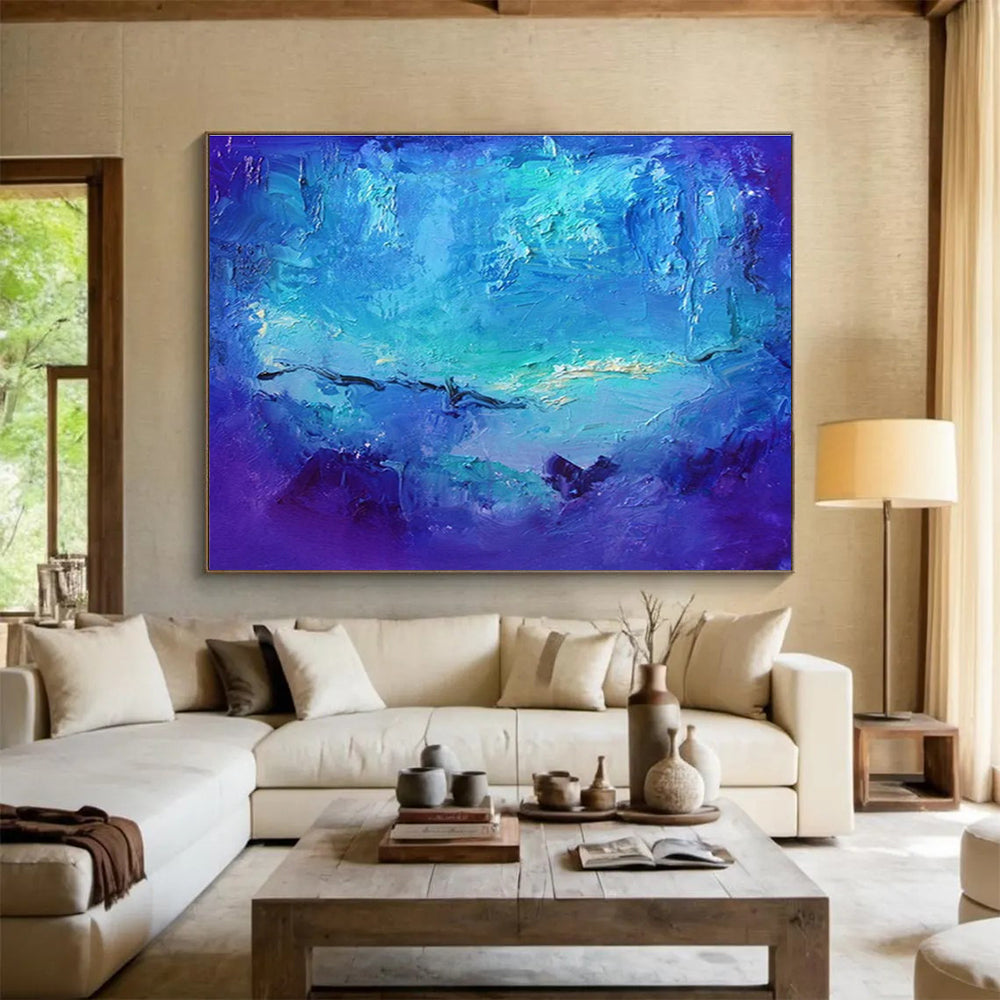“Blue Ocean Depths” - Blue, Purple, White Textured Abstract Seascape Painting On Canvas DKH720