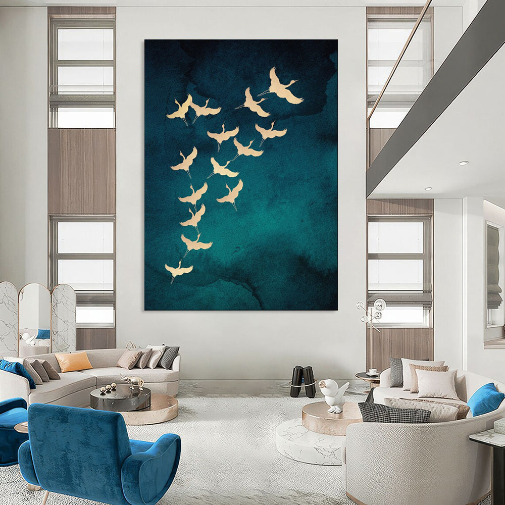 Golden Cranes Teal Blue Wash Oriental Inspired Avian Art CT1919