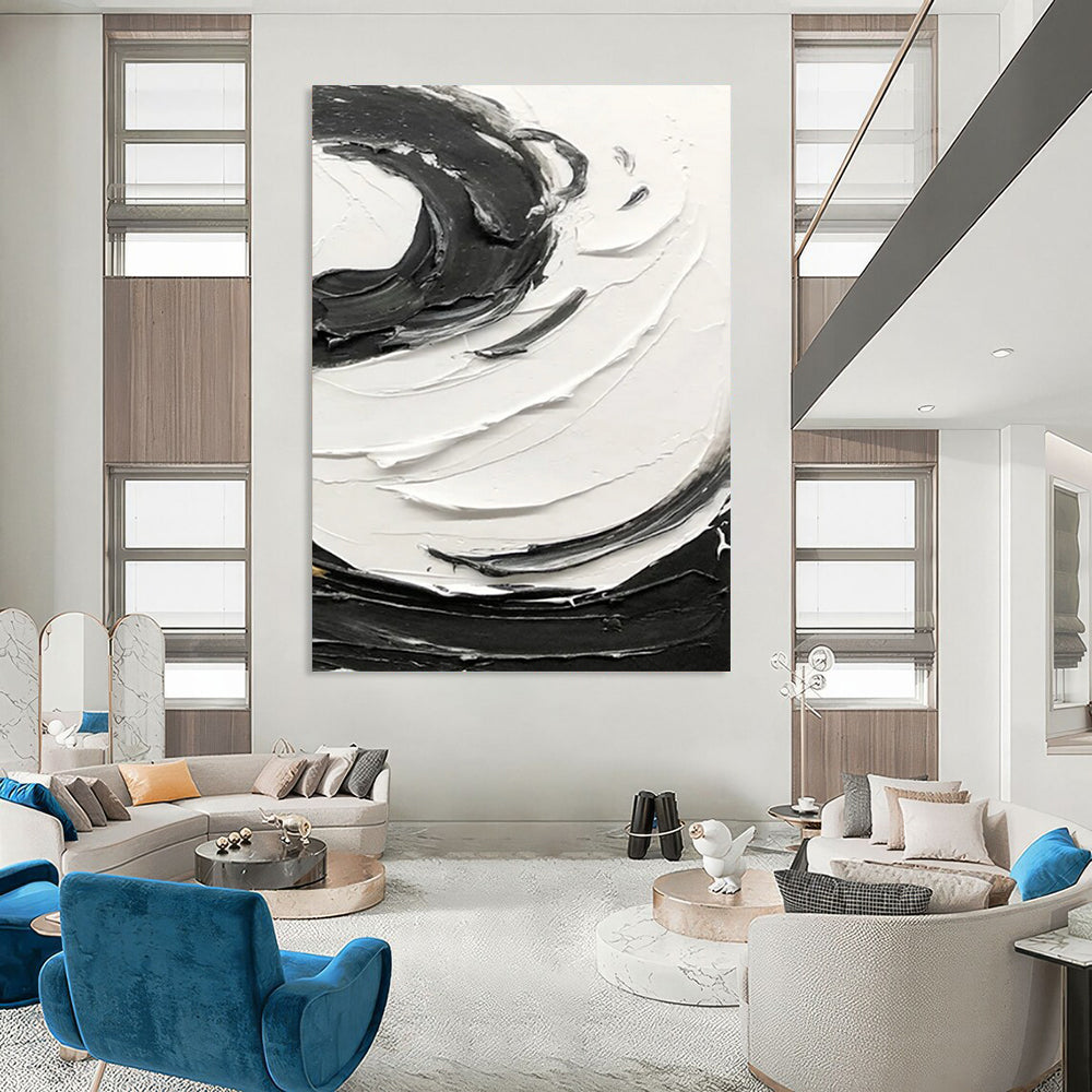 “Black, White Textured Swirls ‘Bold Rhythm’” - Impasto Abstract Painting On Canvas DTP380