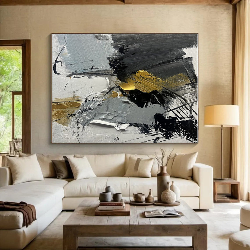 “Gray - Black - Gold Abstract Fusion” ,Abstract Acrylic Painting CT0792