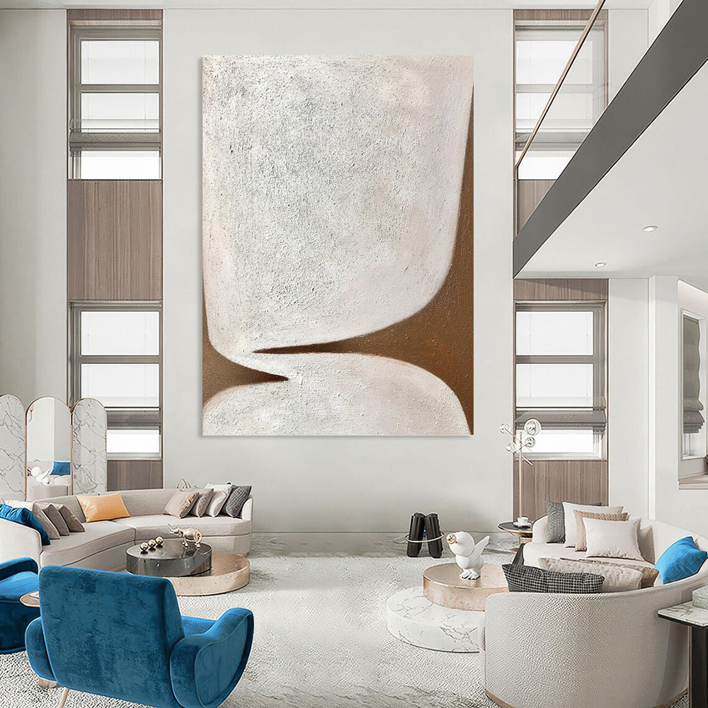 “Minimalist Shapes” - White & Brown Textured Abstract Painting On Canvas DKH1179