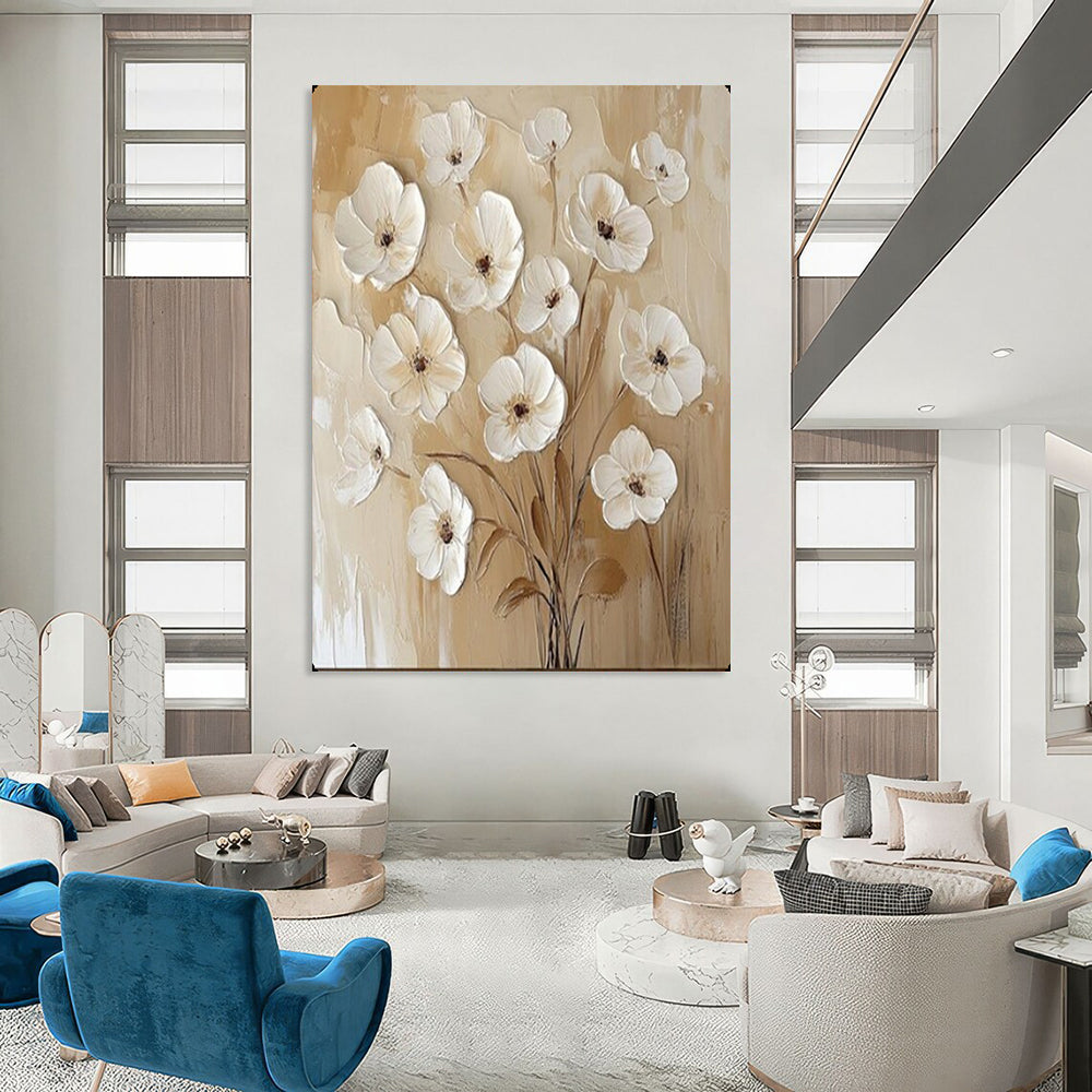“Textured White Flowers on Beige” – Impasto Floral Oil Painting On Canvas CT2155