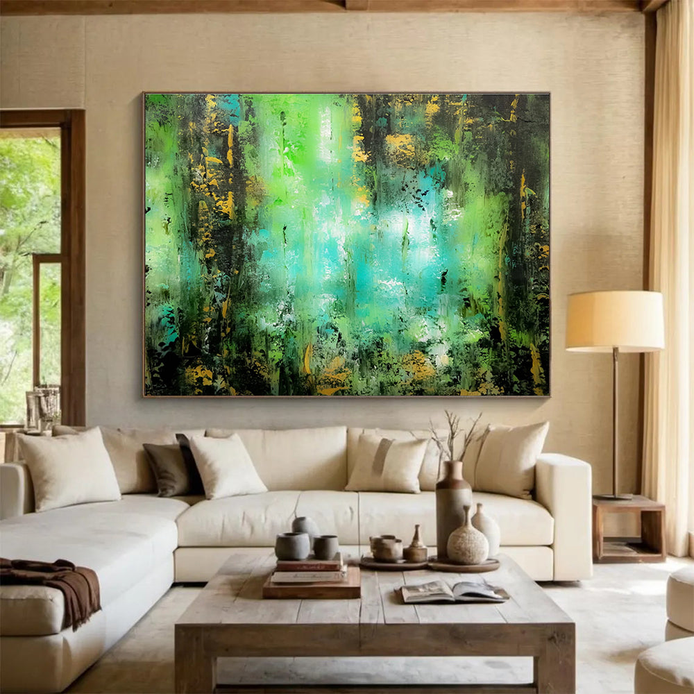 “Emerald & Gold Forest Whispers” - Green, Blue & Yellow Abstract Landscape Painting On Canvas DKH921