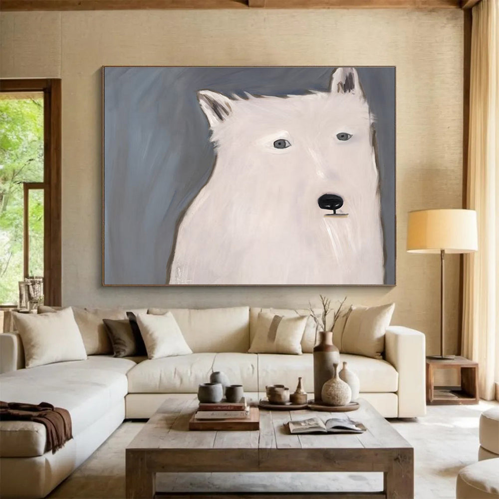 “Minimalist White Wolf” Abstract Portrait Painting On Canvas DKH422