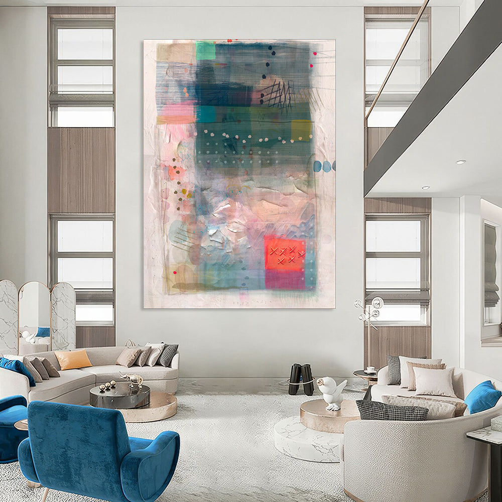 Blue, Pink, Textured Collage - "Coastal Patchwork" - Mixed - media Abstract Art CT1858