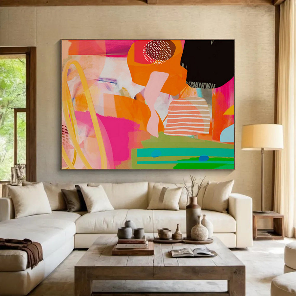 Playful Shapes Carnival Pink Orange Colorful Fun Shapes Painting On Canvas DKH205