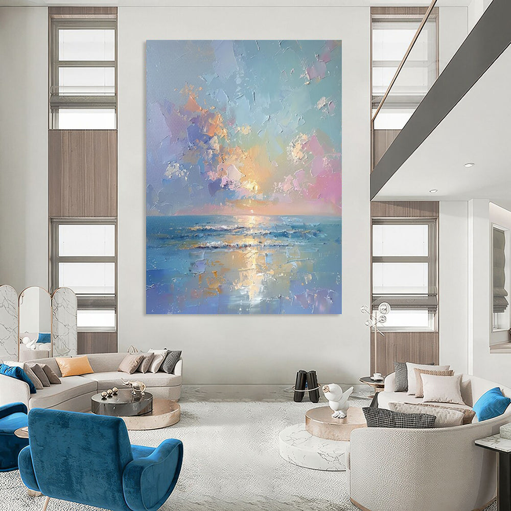 “Pastel Sea Sunset” - Blue, Pink & Orange Seaside Sunset Painting On Canvas CT2202