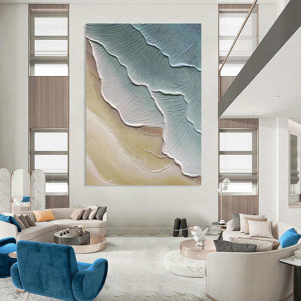 “Green, Beige Textured Layers ‘Earth’s Rhythm’” - Impasto Abstract Landscape Painting On Canvas DTP342