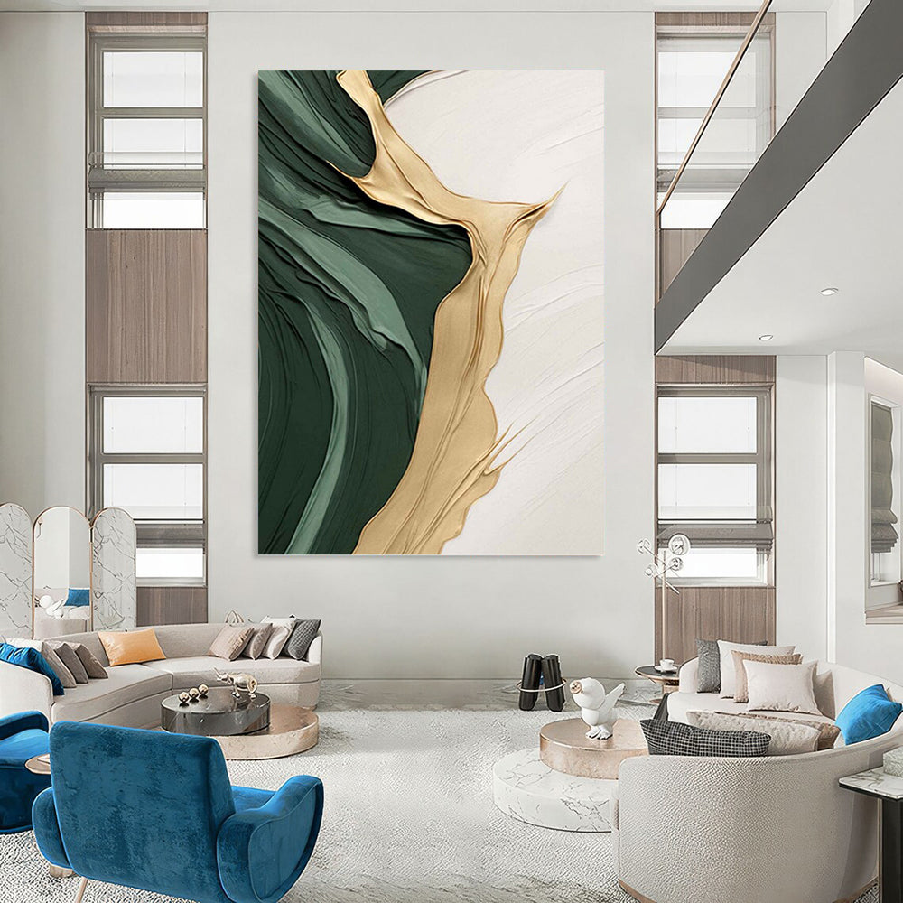 Emerald Green, Gold, and White Textured Abstract - Abstract Painting On Canvas DKH1496