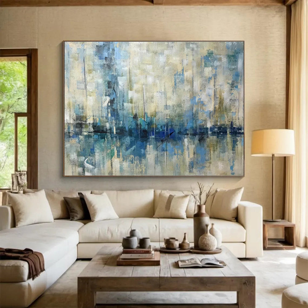 “Blue and Beige Abstract Marina” Painting On Canvas DKH166