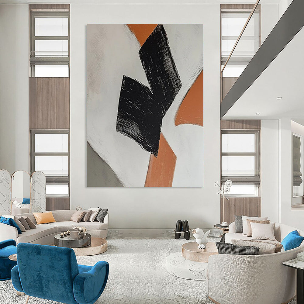 “Black - Orange Geometric Shapes” - Minimalist Abstract Painting On Canvas DTP111