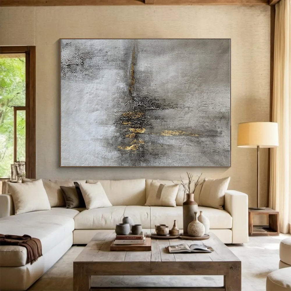 “Gold Accent on Gray” ,Minimalist Abstract Mixed - Media CT0900