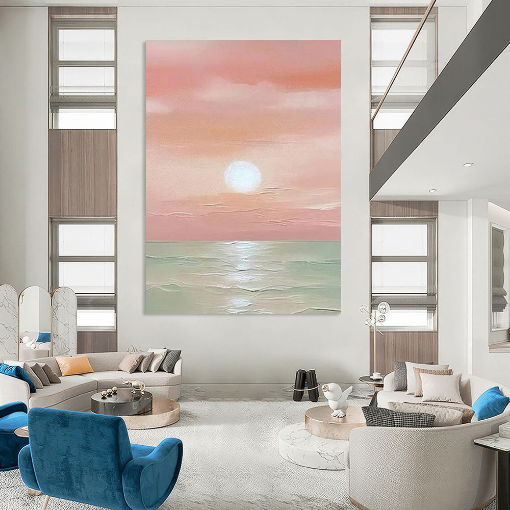 “Pink Sunset Sea” - Pink & Green Seascape Painting On Canvas CT2231