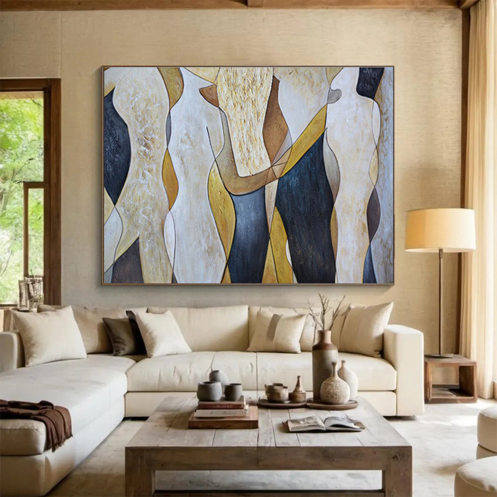 “Abstract Figures in Earth Tones” - Brown, Beige, Black Shaped Forms Painting On Canvas DKH731