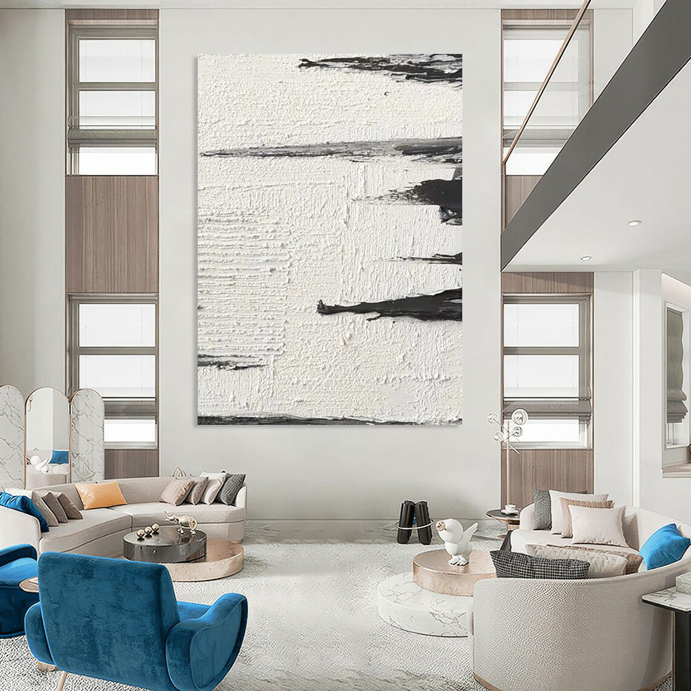 “White, Black Textured Strokes ‘Subtle Motion’” - Impasto Abstract Painting On Canvas DTP384