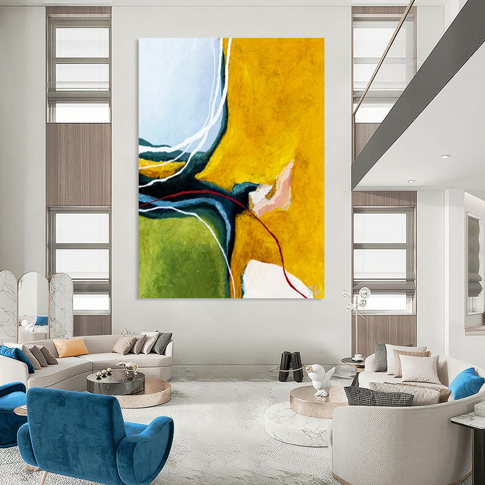 “Color Block Abstract - Yellows, Greens, and Intricate Lines” Painting On Canvas CT2387