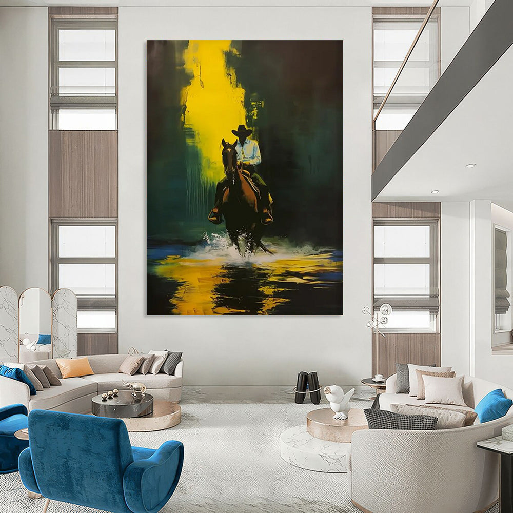 “Cowboy on Horse in Yellow - Green” - Dramatic Western - Inspired Painting On Canvas DTP104