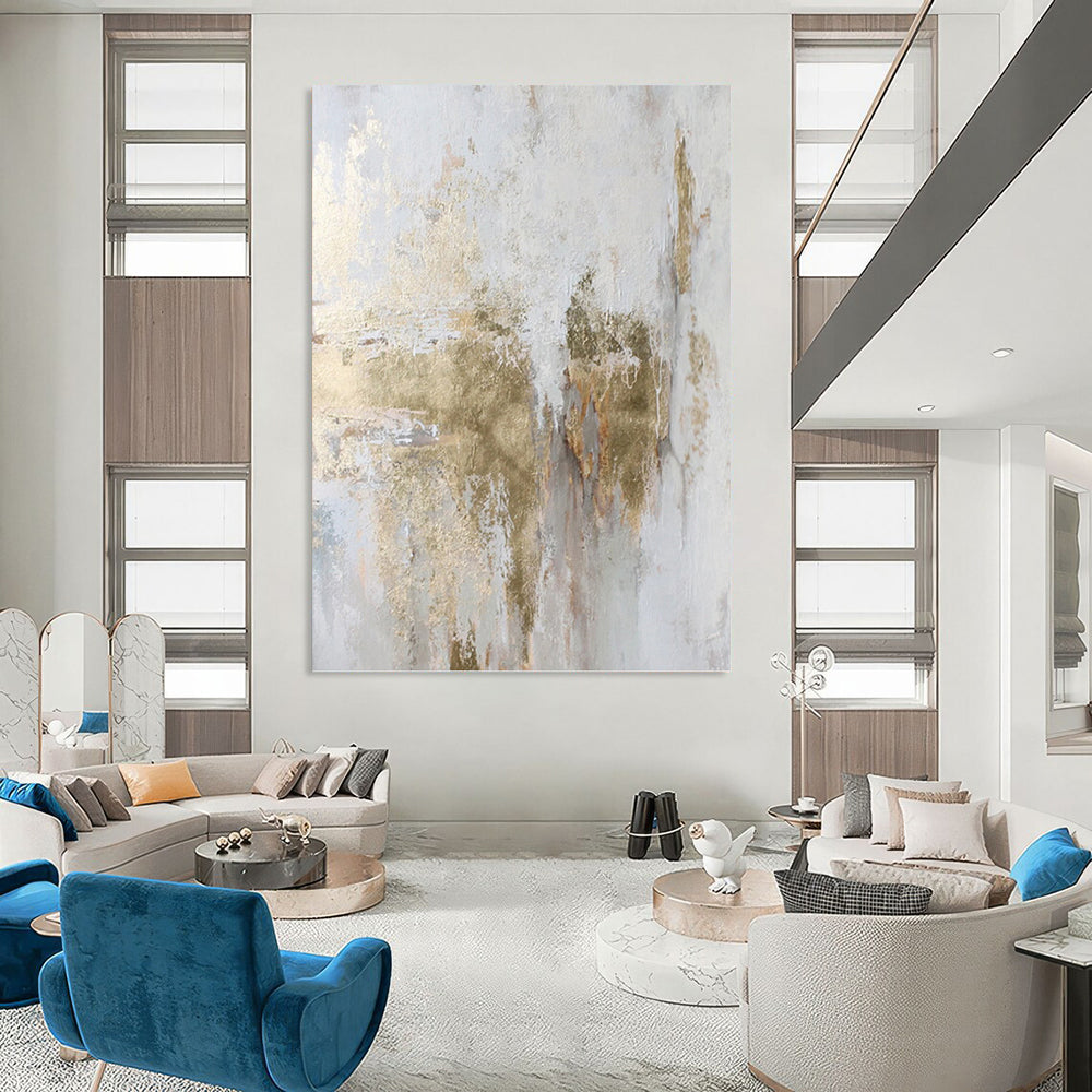 “White & Gold Abstract Textures” - White, Gold & Gray Minimalist Painting On Canvas DKH1006