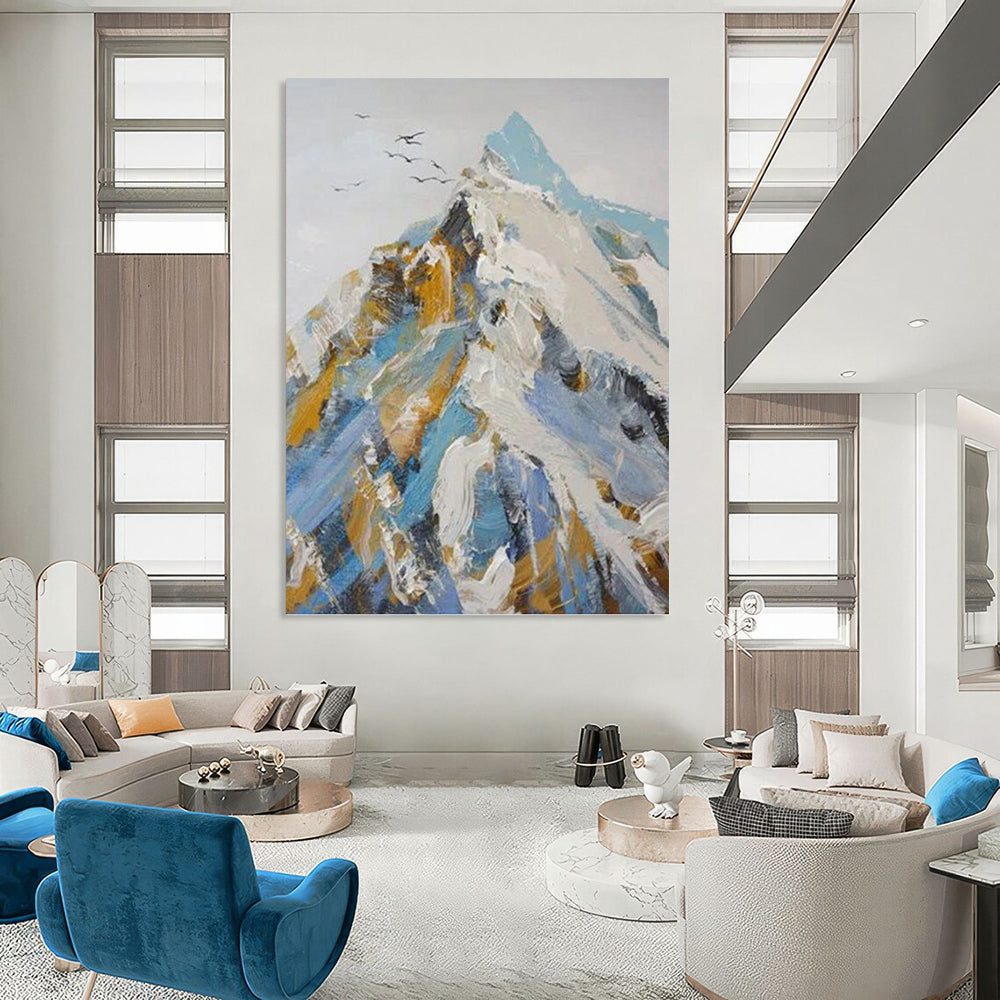 “Colorful Mountain Impasto” - Blue, White & Gold Textured Landscape Painting On Canvas DKH0955