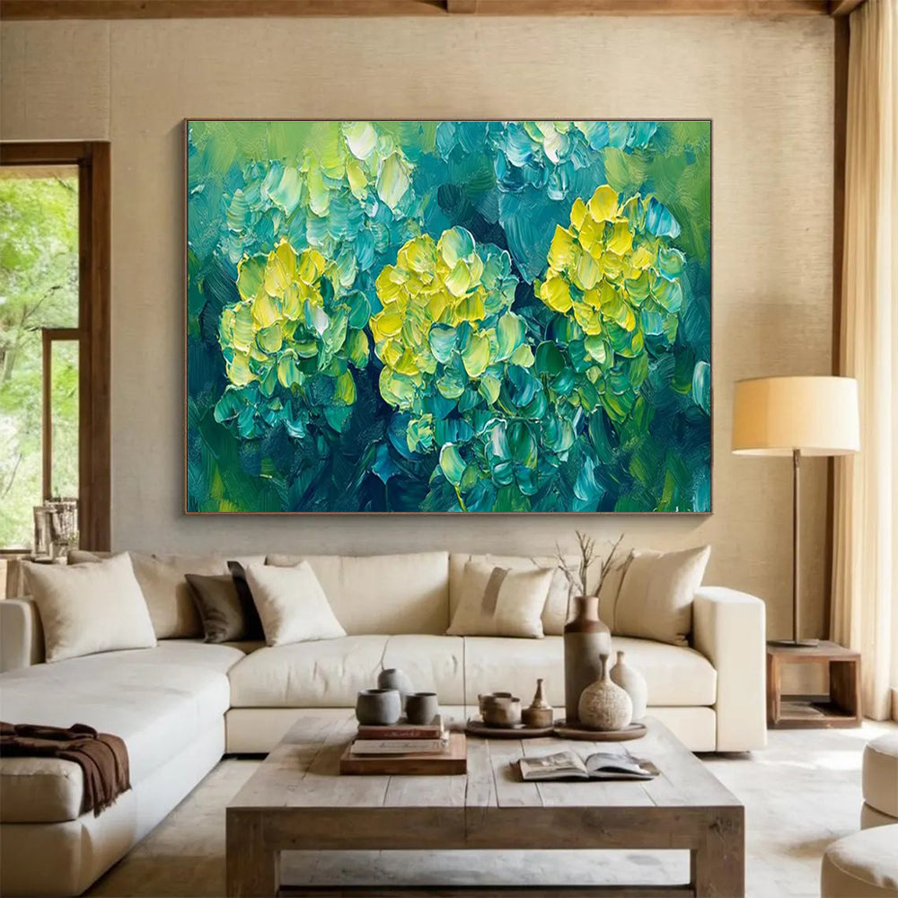 “Impasto Yellow Flowers on Green” - Fresh Botanical Painting On Canvas DKH799