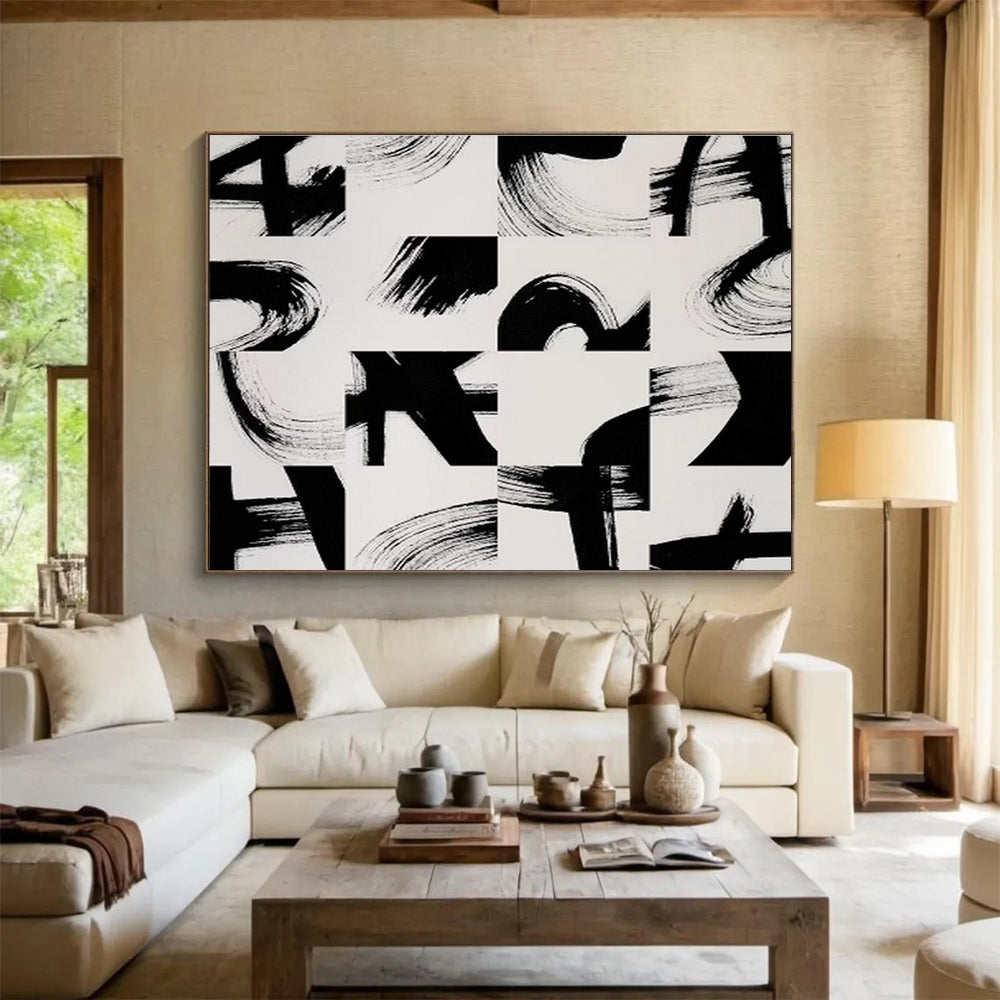 “Black - White Brush Strokes” Abstract Minimalist Painting On Canvas DKH447