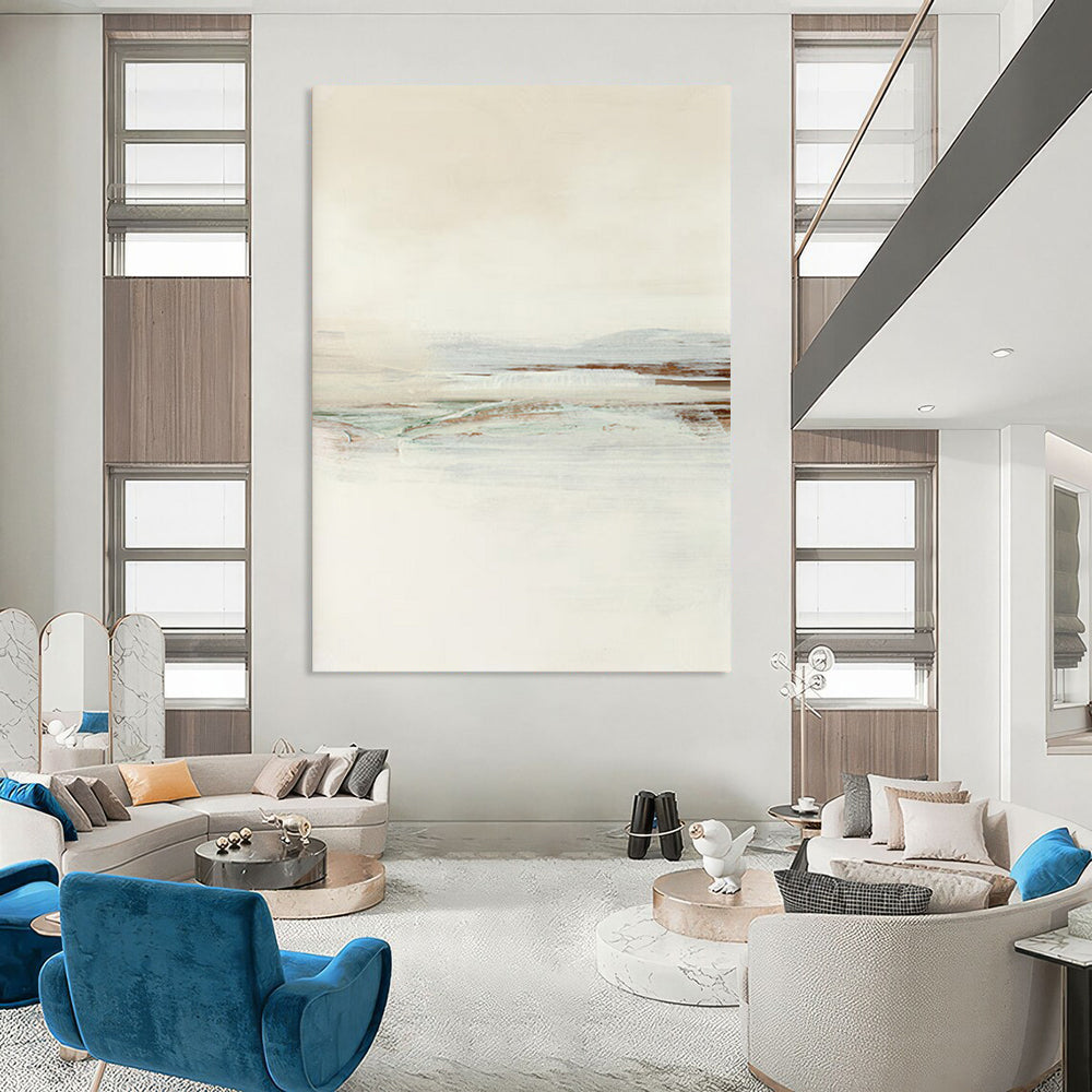 “Neutral Tones Seaside” - Beige, Blue, Green Abstract Landscape Painting On Canvas DTP224