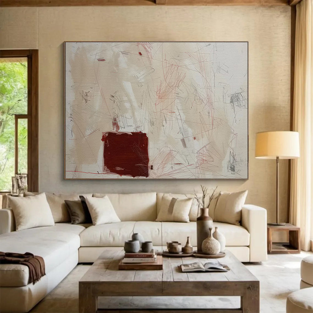 Beige, Red, and Gray Abstract “Subtle Creative Markings” Painting On Canvas DKH146