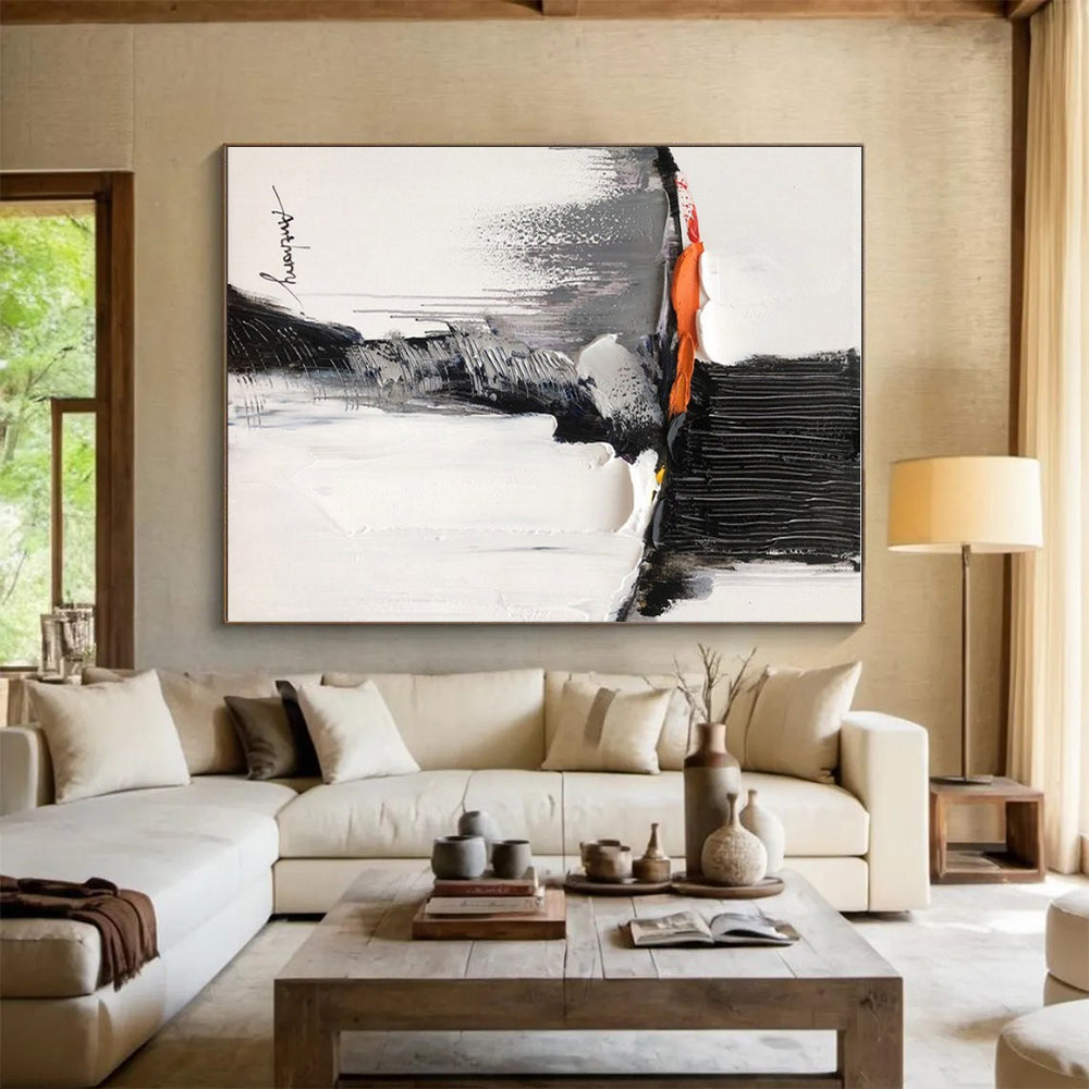 “Black - White - Orange - Gray Textured Figure” ,Abstract Acrylic Painting CT0791